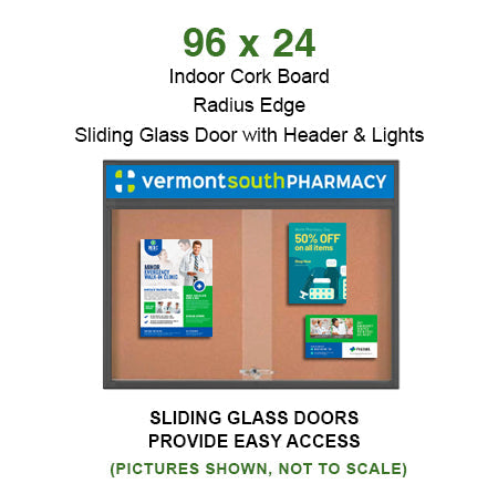 96 x 24 Indoor Bulletin Cork Boards with Personalized Header & Lights (RADIUS EDGE) (3 Sliding Glass Doors)