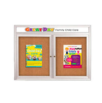 Enclosed Indoor Enclosed Bulletin Boards 96 x 24 w Message Header + Radius Edge 2 DOOR