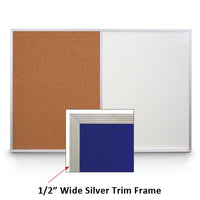 16x16 MAGNETIC WHITEBOARD / CORK COMBINATION HAS 1/2" WIDE SILVER TRIM FRAME