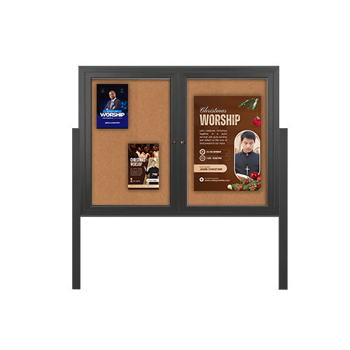 Free-Standing 2-Door Outdoor Enclosed Bulletin Board 60 x 24 with Posts | All-Weather Durable Metal Display Case in 4 Finishes