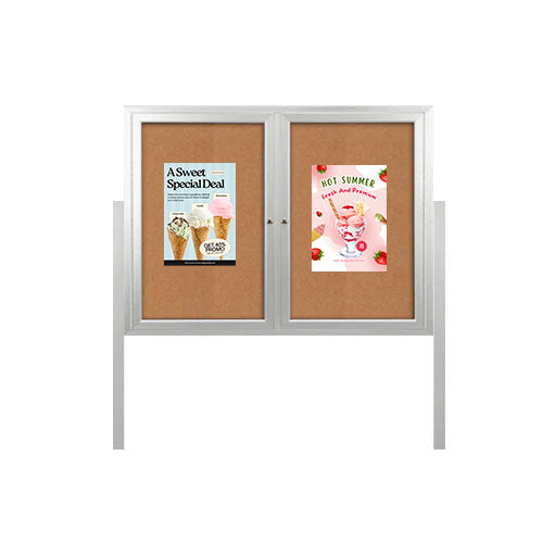 Free-Standing 2 Door Outdoor Enclosed Bulletin Board 96 x 48 with Posts | All Weather Durable Metal Display Case in 4 Finishes