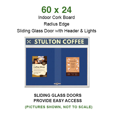 60 x 24 Indoor Bulletin Cork Boards with Personalized Header & Lights (RADIUS EDGE) (2 Sliding Glass Doors)