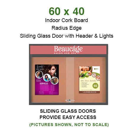 60 x 40 Indoor Bulletin Cork Boards with Personalized Header & Lights (RADIUS EDGE) (2 Sliding Glass Doors)