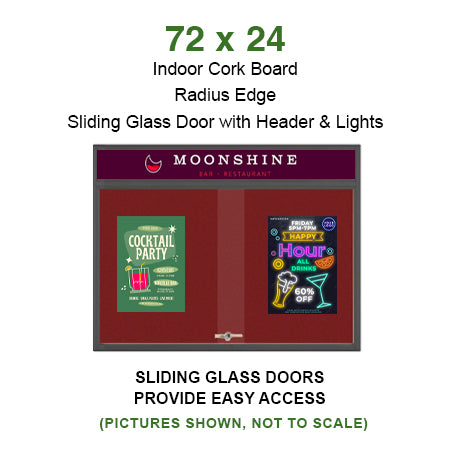 72 x 24 Indoor Bulletin Cork Boards with Personalized Header & Lights (RADIUS EDGE) (2 Sliding Glass Doors)