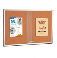 Indoor Enclosed Cork Bulletin Board 72 x 24 with Two Sliding Glass Doors with Metal Wall Cabinet in 4 Finishes