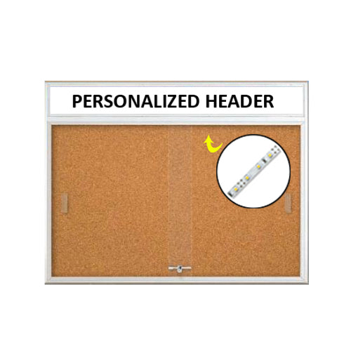 Indoor 84 x 30 Bulletin Cork Boards with Personalized Header & Lights (3 Sliding Glass Doors)