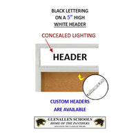 ENCLOSED BULLETIN CORK BOARD 96x48 WITH SLIDING DOORS & PERSONALIZED ILLUMINATED HEADER