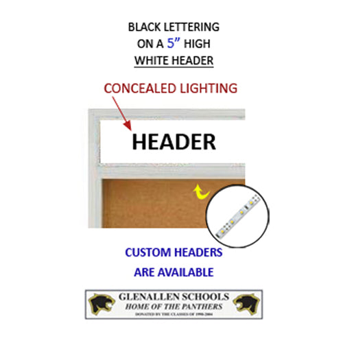 ENCLOSED BULLETIN CORK BOARD 96x48 WITH SLIDING DOORS & PERSONALIZED ILLUMINATED HEADER