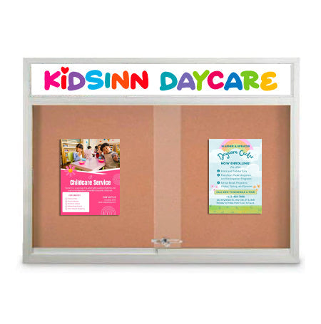 Indoor 48 x 36 Bulletin Cork Boards with Personalized Header & Lights (2 Sliding Glass Doors)