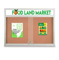 Indoor 72 x 30 Bulletin Cork Boards with Personalized Header & Lights (2 Sliding Glass Doors)