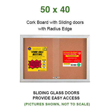 Indoor Enclosed Bulletin Cork Boards 50 x 40 with Sliding Glass Doors (with RADIUS EDGE)