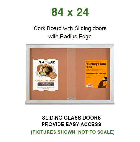 Indoor Enclosed Bulletin Cork Boards 84 x 24 with Sliding Glass Doors (with RADIUS EDGE)