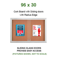 Indoor Enclosed Bulletin Cork Boards 96 x 30 with Sliding Glass Doors (with RADIUS EDGE)