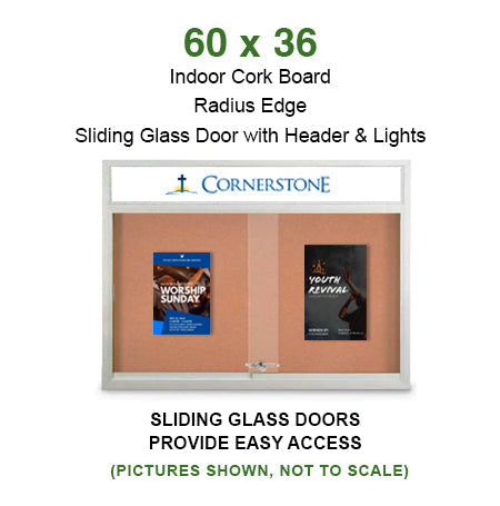 Indoor Bulletin Cork Boards 60x36 with Personalized Header (RADIUS EDGE) (Sliding Glass Doors)
