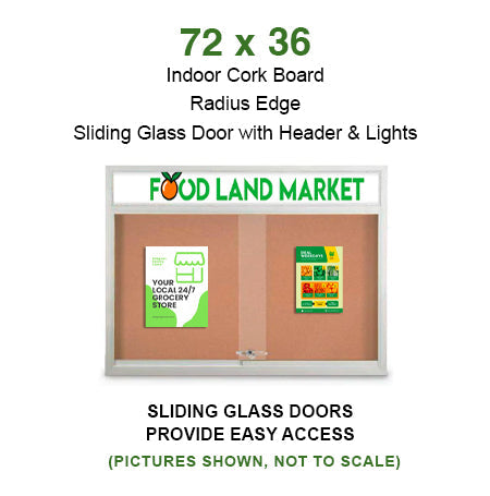Indoor Bulletin Cork Boards 72x36 with Personalized Header (RADIUS EDGE) (Sliding Glass Doors)