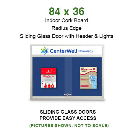 Indoor Bulletin Cork Boards 84x36 with Personalized Header (RADIUS EDGE) (Sliding Glass Doors)