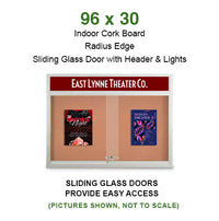 Indoor Bulletin Cork Boards 96x30 with Personalized Header (RADIUS EDGE) (Sliding Glass Doors)