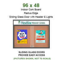 Indoor Bulletin Cork Boards 96x48 with Personalized Header (RADIUS EDGE) (Sliding Glass Doors)