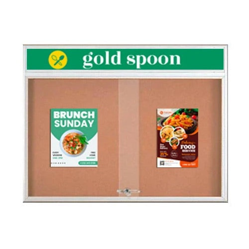 40 x 40 Indoor Bulletin Cork Boards with Personalized Header & Lights (RADIUS EDGE) (2 Sliding Glass Doors)
