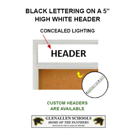96 x 24 Indoor Bulletin Cork Boards with Personalized Header & Lights (RADIUS EDGE) (3 Sliding Glass Doors)