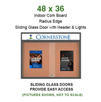 48 x 36 Indoor Bulletin Cork Boards with Personalized Header & Lights (RADIUS EDGE) (2 Sliding Glass Doors)