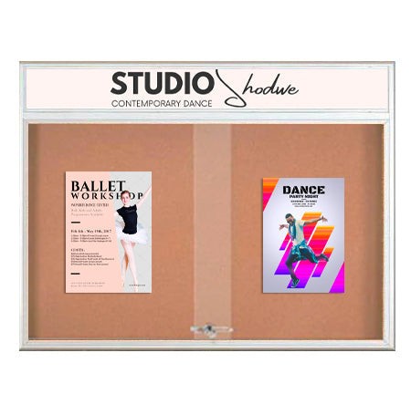 96 x 48 Indoor Bulletin Cork Boards with Personalized Header & Lights (RADIUS EDGE) (3 Sliding Glass Doors)