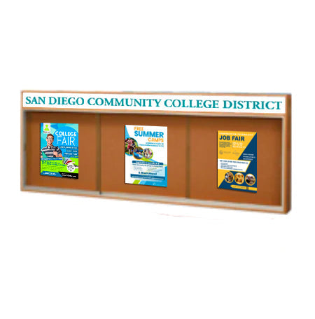 84 x 36 Indoor Enclosed Wood Bulletin Boards with Sliding Glass Doors and Message Header