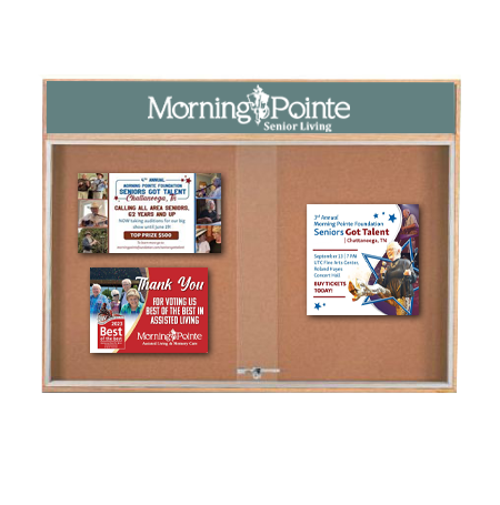 Indoor Enclosed Wood Bulletin Boards with 2-3 Sliding Glass Doors, Personalized Message Header and LED Lighting, 20+ Sizes