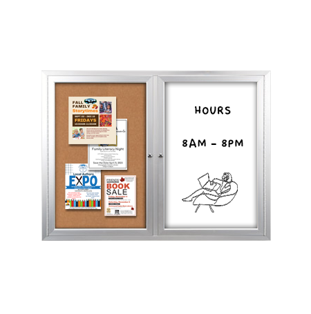 Enclosed 2-Door INDOOR Combo Board 84x48 | Cork Bulletin Board & Dry Erase Marker Board