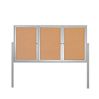 FREESTANDING 96 x 36 CORK BOARD 3-DOORS WITH LIGHTS & (2) POSTS (SHOW in SILVER FINISH)