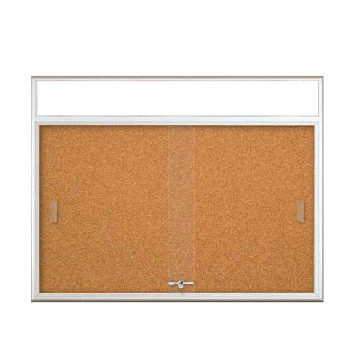 ENCLOSED BULLETIN 84" x 48" CORK BOARD (RADIUS EDGE) WITH SLIDING DOORS & PERSONALIZED HEADER