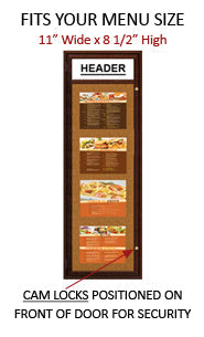 Indoor Enclosed Wood Menu Cases with Header for 8 1/2" x 11" Portrait Menu Sizes