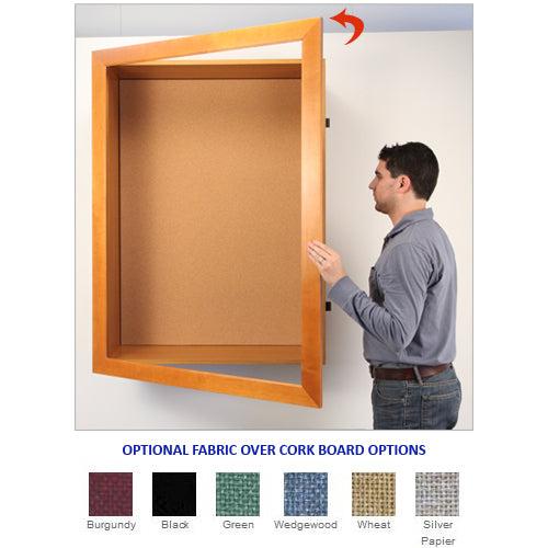 LARGE WIDE WOOD CORK SHADOW BOX with LED LIGHTING SWINGFRAME with 3" INTERIOR DEPTH (SHOWN in HONEY MAPLE) CAN HAVE AN OPTIONAL FABRIC PLACED OVER THE BULLETIN BOARD