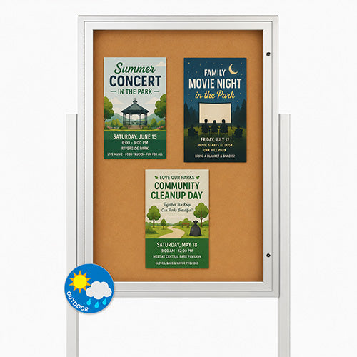 EXTREME WeatherPLUS™ Outdoor Enclosed Bulletin Board Stands with 2 Posts | Single Locking Door SwingCase 15+ Sizes & Custom