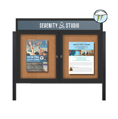 Free-Standing Enclosed Outdoor Bulletin Board 42" x 32" with Posts | Metal Display Case Two Door and Free Personalized Message Header