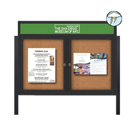 Freestanding Enclosed Outdoor Bulletin Boards 60" x 40" with Message Header and Posts (2 DOORS)