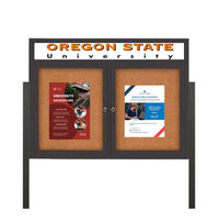 Freestanding 2 Door Enclosed Outdoor Bulletin Boards 40" x 50" Lighted w Message Header on Posts