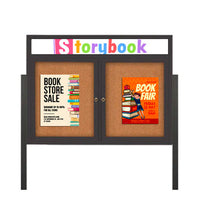 Freestanding 2 Door Enclosed Outdoor Bulletin Boards 48" x 36" Lighted w Message Header on Posts