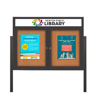 Freestanding 2 Door Enclosed Outdoor Bulletin Boards 96" x 36" Lighted w Message Header on Posts