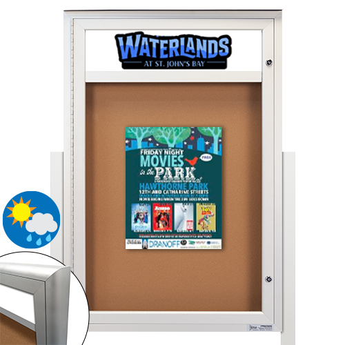 EXTREME WeatherPlus Radius Edge Outdoor Enclosed Bulletin Board Stand | Shown in Silver Finish in Portrait orientation