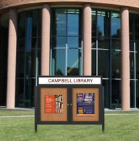 Free-Standing, Two Door 48x48 Outdoor Cork Bulletin Board with Personalized Message Header and Smooth Radius Edge Metal Cabinet