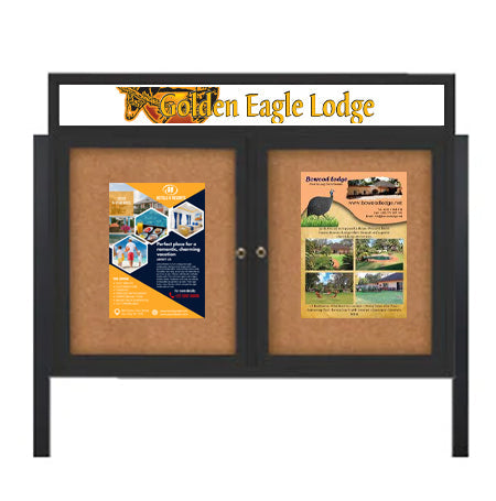 Free-Standing, Two Door 48x48 Outdoor Cork Bulletin Board with Personalized Message Header and Smooth Radius Edge Metal Cabinet