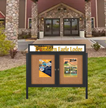 Free-Standing, Two Door 48x48 Outdoor Cork Bulletin Board with Personalized Message Header and Smooth Radius Edge Metal Cabinet
