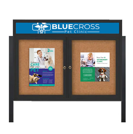 Outdoor Enclosed 72x30 Cork Bulletin Boards w Personalized HEADER (Radius Edge & Leg Posts) 2 DOORS