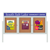 Outdoor Enclosed 72x30 Cork Bulletin Boards w Personalized HEADER (Radius Edge & Leg Posts) 3 DOORS