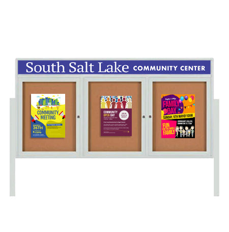 Outdoor Enclosed 72x30 Cork Bulletin Boards w Personalized HEADER (Radius Edge & Leg Posts) 3 DOORS