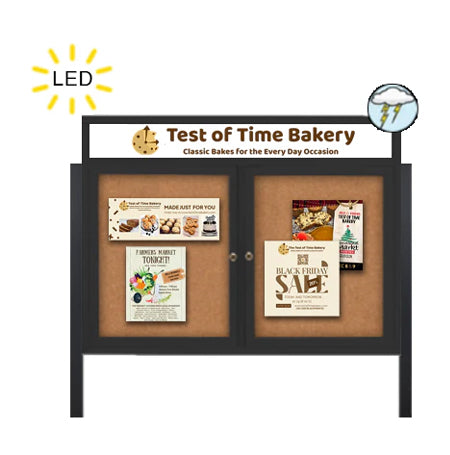 Free-Standing Outdoor Enclosed 60x48 Bulletin Board LED Lighted + Message Header | Two Door Radius Edge Metal Cabinet