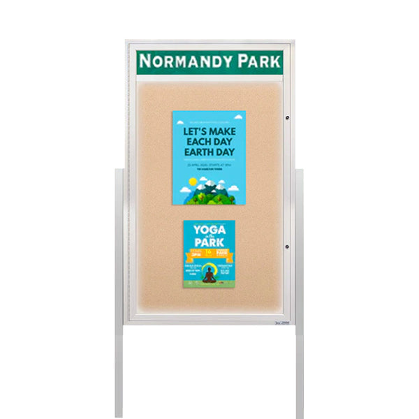 Extra Large Free-Standing Outdoor Enclosed Bulletin Board Cases with Header and LED Lights | Single Door SwingCase 15+ Metal Cabinet Sizes