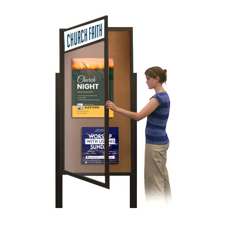 XL Freestanding Outdoor Enclosed Bulletin Board Display Cases with Header + Light  | Single Door