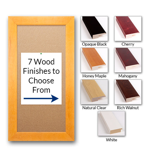 Access Cork Board™ Bold Wide-Wood Frame 36x36 Cork Board 2 3/4" Wide Flat Face Frame Profile in 7 Wood Stain Finishes